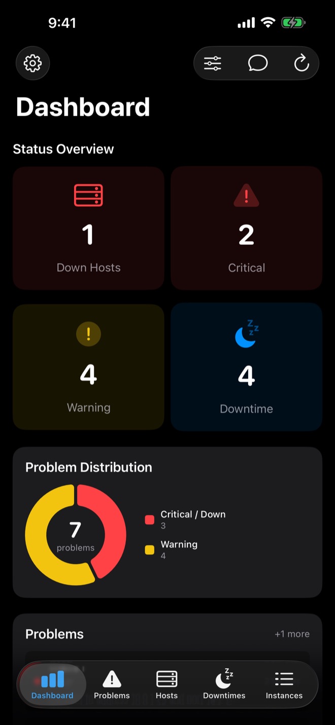 easyNag dashboard on iPhone with down hosts, critical and warning problems and downtimes