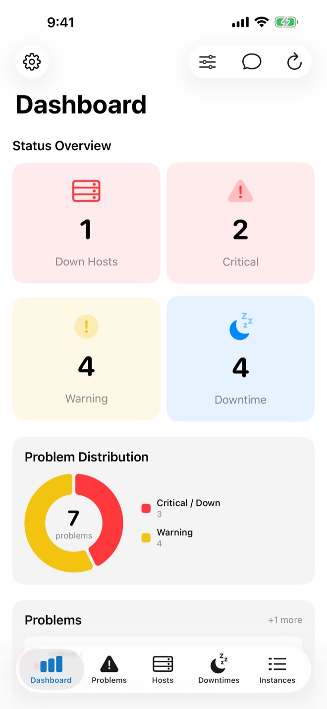 easyNag dashboard on iPhone with down hosts, critical and warning problems and downtimes