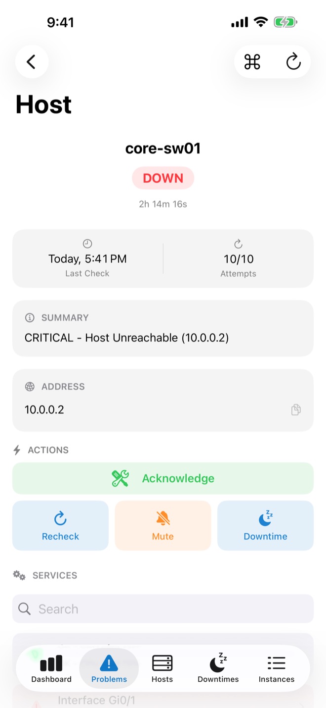 Host detail with status, output and actions