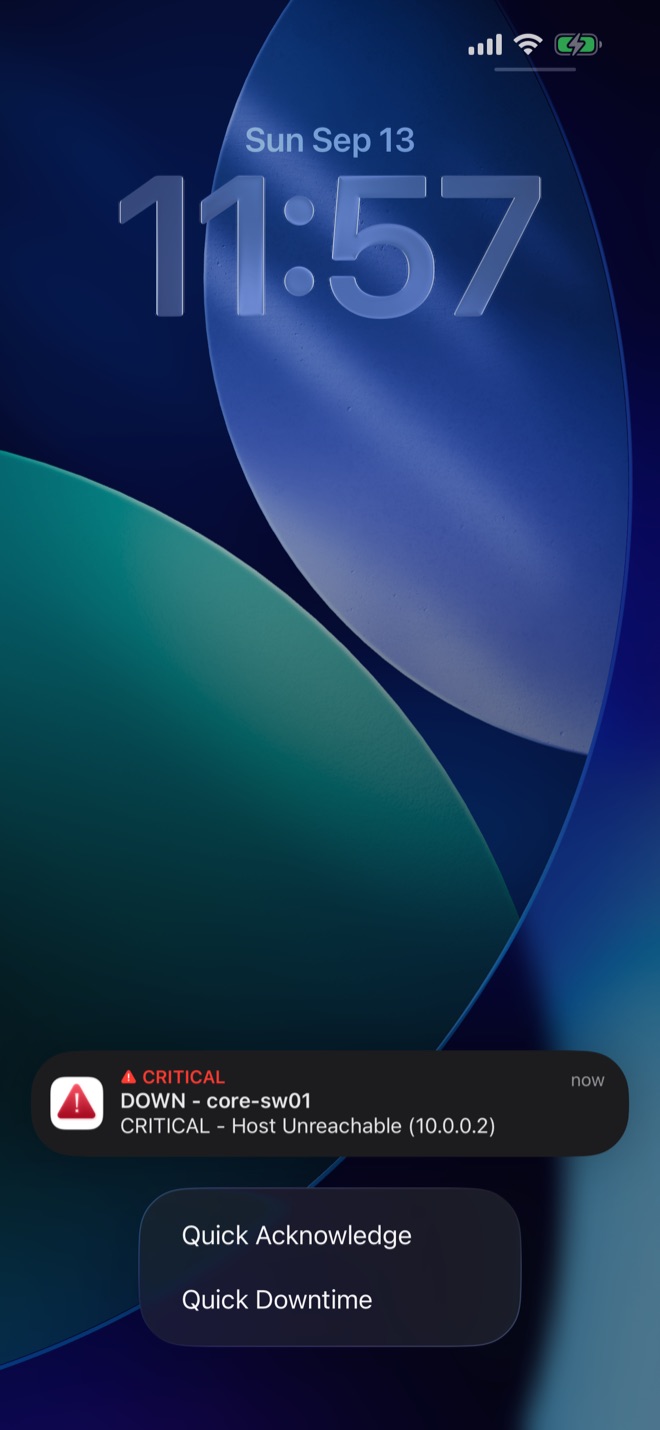 iPhone lock screen with a critical easyNag alert and the Quick Acknowledge and Quick Downtime actions