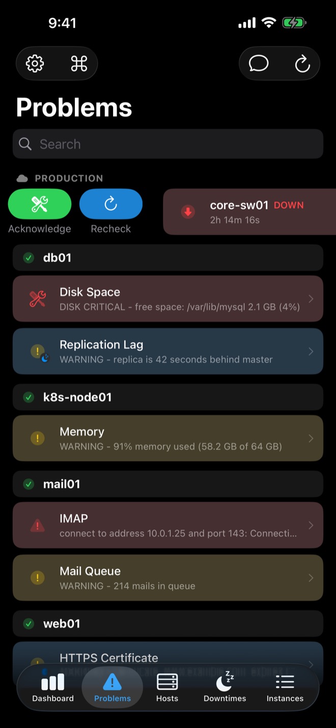 Problems list with swipe actions to acknowledge or recheck a service