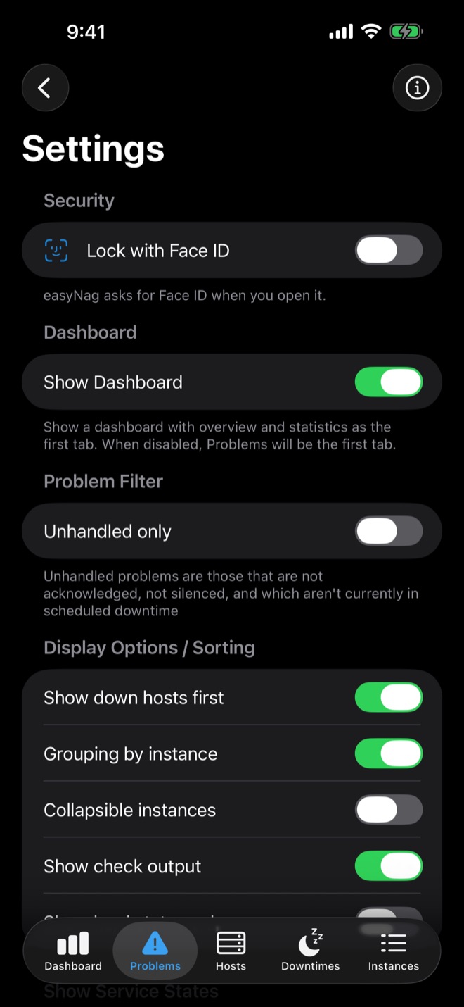 Settings with app lock, filters and display options