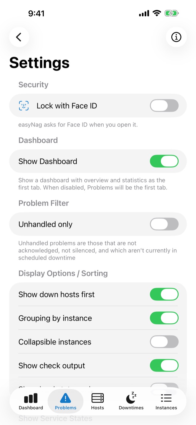 Settings with app lock, filters and display options